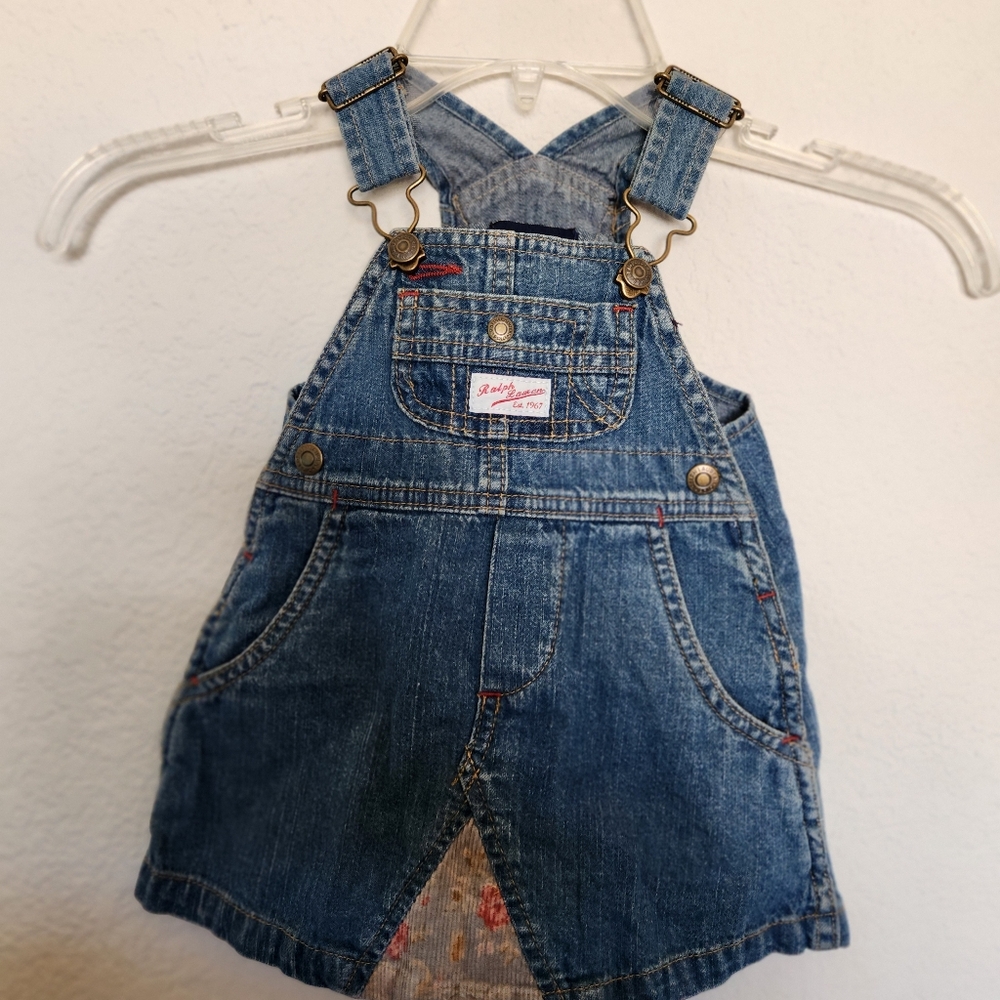 Ralph Lauren baby Jean dress overalls 100% Cotton pockets patchwork sz Small EUC
